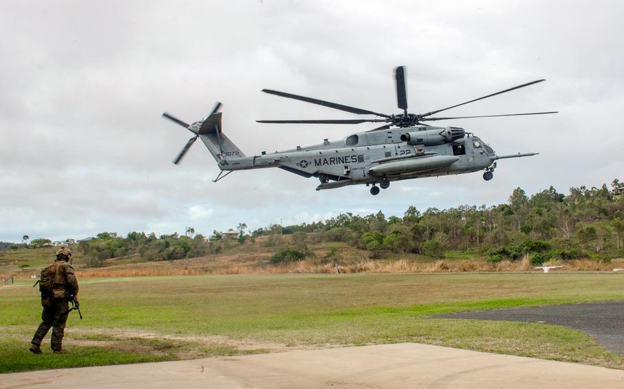 A U.S. Marine Corps CH-53 Super Stallion lands during an uncontested air-assault exercise at Blomnsbury Airfield in Midge Point, Australia, Friday, June 28, 2023.