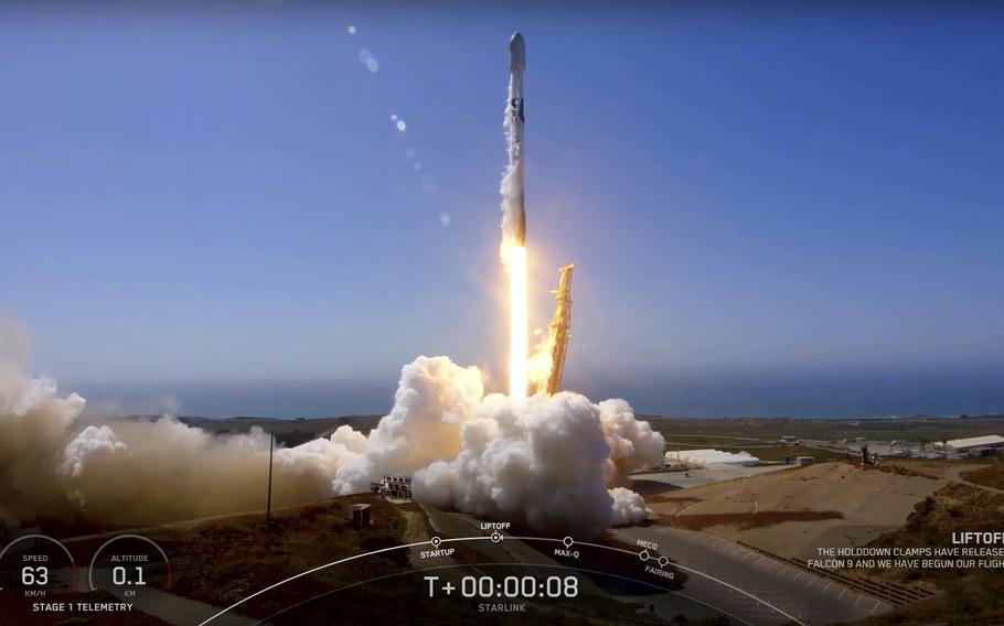 This video image provided by SpaceX, a SpaceX Falcon 9 mission to launch 53 Starlink satellites to low-Earth orbit from Space Launch Complex 4 East (SLC-4E), takes off from Vandenberg Space Force Base, Calif., on Friday, May 13, 2022.