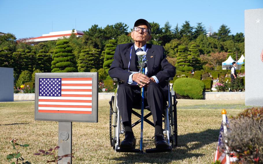 Aurelio Aguilar Ruiz, 94, visits a U.S. service member’s gravesite