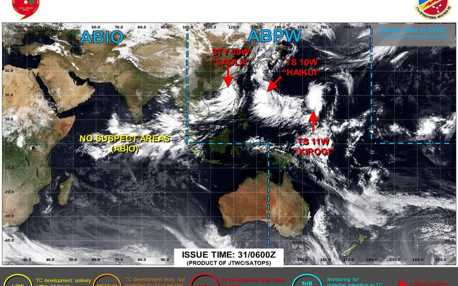 U.S. bases on Okinawa remained in TCCOR 2 through Thursday afternoon. Tropical Storm Haikui remains forecast to pass more than 220 miles southwest of Okinawa as a Category 3-equivalent typhoon.