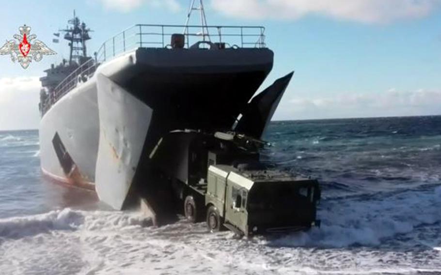 This screenshot from a Russian Ministry of Defense video shows the Bastion coastal missile system being deployed to Matua, a volcanic island north of Japan’s Hokkaido prefecture.