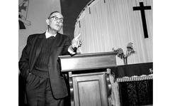 Stars and Stripes
Frankfurt, Germany, January, 1957: Bishop Martin Niemoeller (1892-1984) speaks to 200 members of the 3rd Armored Division at the Edwards Casern chapel. As head of the Pastors' Emergency League in Germany in the 1930s, Niemoeller — a World War I U-boat officer who initially supported the Nazis because they opposed communism — so angered Hitler with his sermons against government attempts to control the churches that he was sent to concentration camps for eight years. In a face-to-face confrontation, he told Hitler, "We pastors have a responsibility for the German people laid on us by God. Neither you nor anyone else can take that away from us."