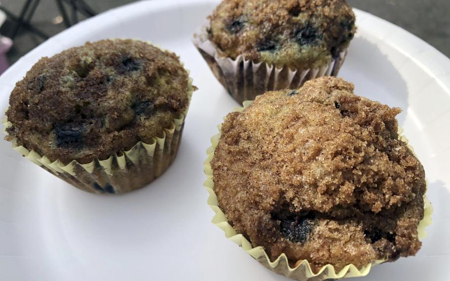 Blueberry muffins on a plate.