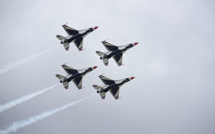 Four U.S. Air Force Thunderbirds fly over during a practice for Skyfest 2022 at Fairchild Air Force Base, Washington, May 12, 2022. Team Fairchild will hold the Fairchild Skyfest 2022 airshow as a means of thanking the local community for their support and partnerships, as well as to inspire future generations of airmen with a showcase of U.S. Air Force assets and their capabilities.