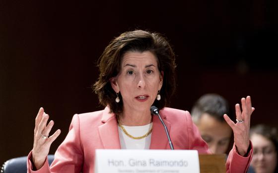 Commerce Secretary Gina Raimondo speaks during a Senate Appropriations hearing on the President's proposed budget request for fiscal year 2024, on Capitol Hill in Washington, May 16, 2023. Raimondo and her Chinese counterpart, Wang Wentao, expressed concern Thursday, May 25, 2023 about policies of each other’s governments following Chinese raids on consulting firms and U.S. curbs on exports of semiconductor technology, their governments said.
