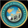 A seal with half of a globe, speech bubbles, a book and a pencil on it reads “Seal of Biliteracy Department of Defense Education Activity.”