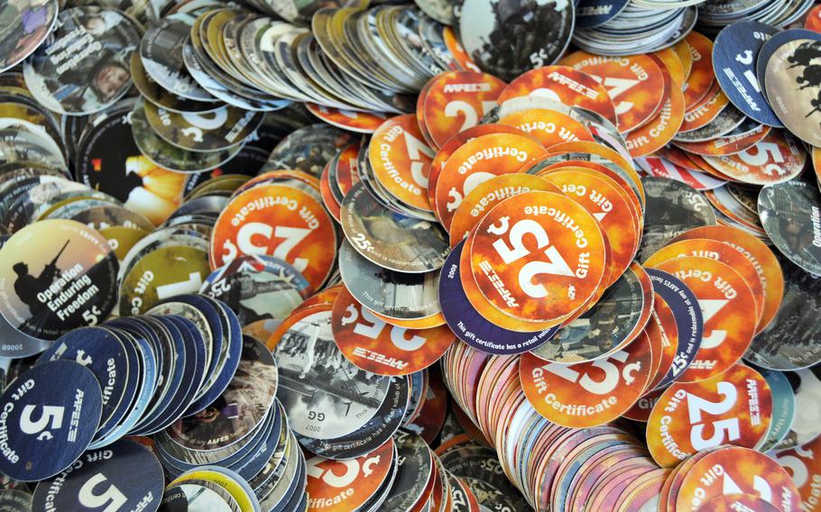 The few Army and Air Force Exchange Service stores that are still open on bases in Afghanistan are encouraging people to turn in or use their paper coins, or pogs, as the U.S. continues its pullout from the country. The phaseout of pogs, which AAFES began issuing at exchange stores in Afghanistan in November 2001, began in May 2021.