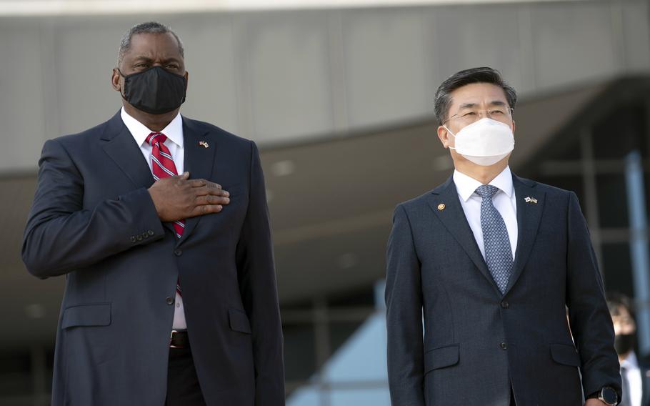 Secretary of Defense Lloyd Austin visits South Korean defense chief Suh Wook in Seoul, South Korea, March 17, 2021.