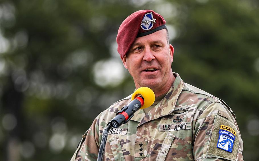 Lt. Gen. Michael “Erik” Kurilla, commander of the XVIII Airborne Corps, gives a speech in March 2021 at Fort Campbell, Ky. Kurilla is the White House’s pick to lead U.S. Central Command.