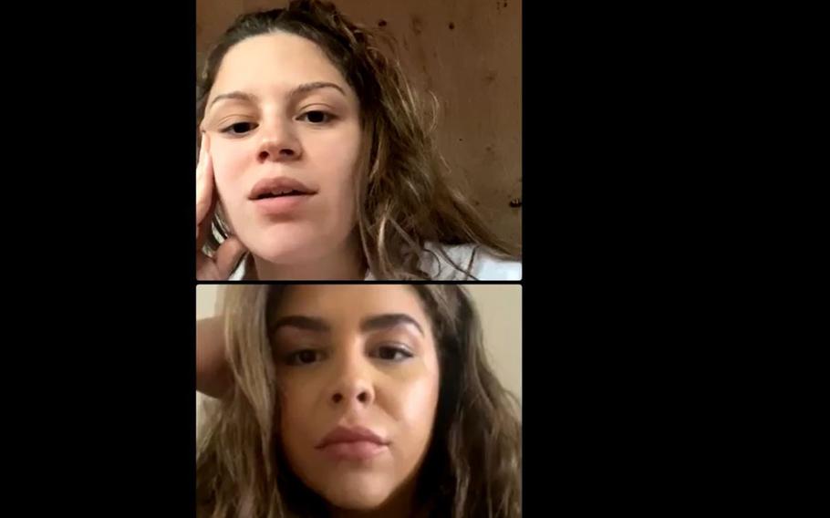 Tatiyana Tati Gonzalez, top, and her sister Deja Gonzalez chat June 30, 2021, during a Facebook livestream about an incident at Mountain Home Air Force Base in Idaho, in which Tati Gonzalez captured video of a security forces airman smashing in her car window and arresting her. A version of the footage Deja Gonzalez shared on the social media app TikTok garnered over 12 million views and 2 million likes.