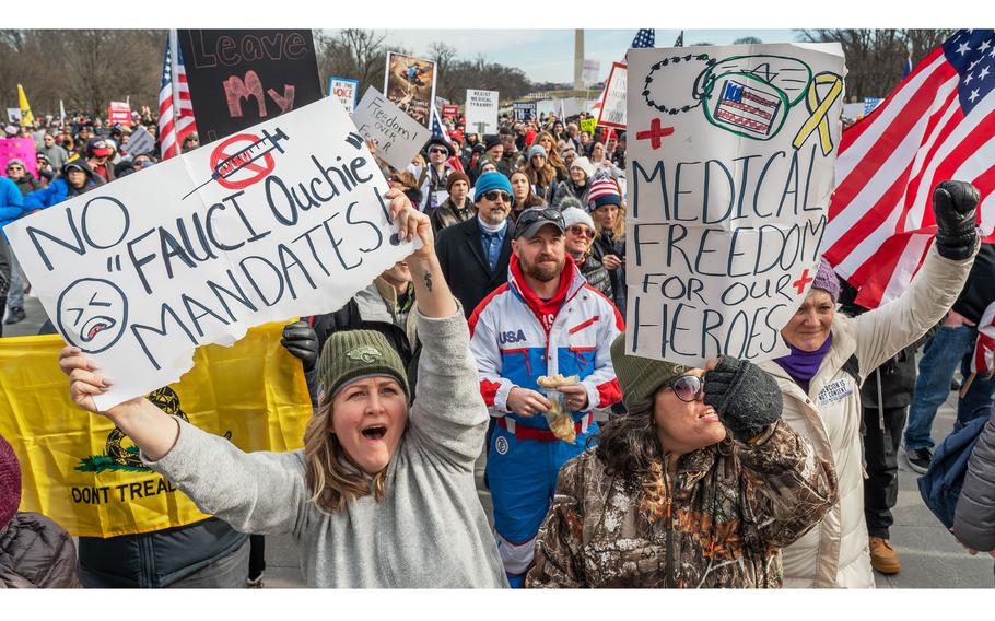 Demonstrators gather at the Lincoln Memorial for an anti-COVID vaccine and mandate rally in Washington, D.C, on Jan. 23, 2022. 