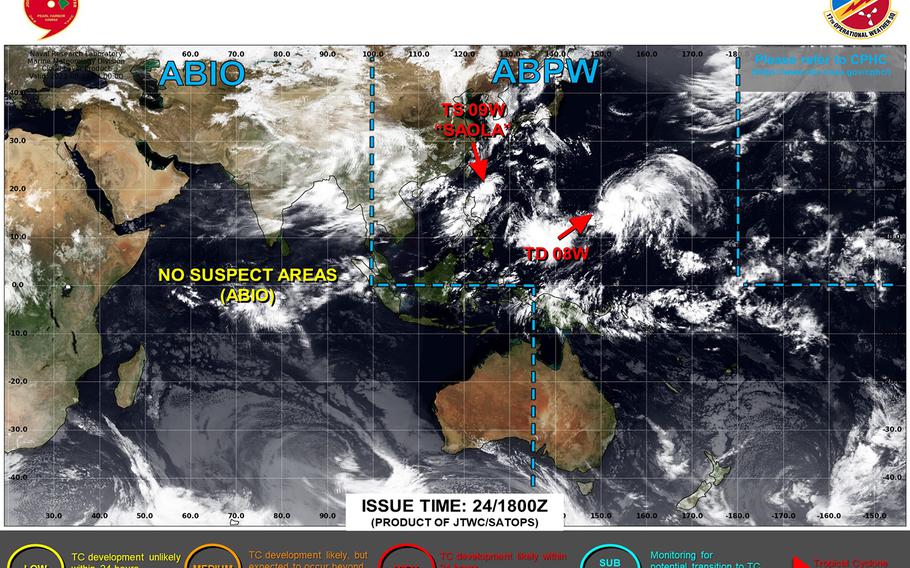 Damrey upgraded to tropical storm, remains forecast to stay away from U.S. bases, as does Tropical Storm Saola.