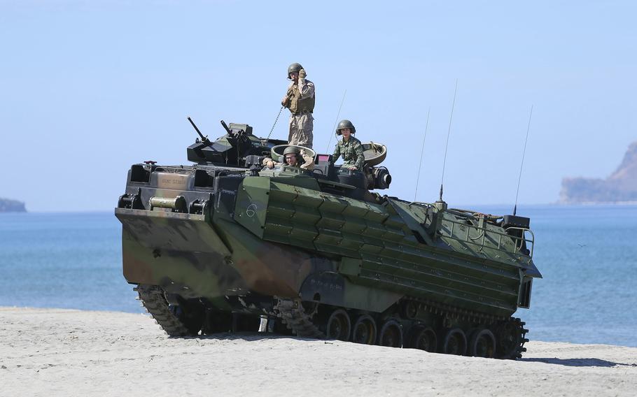 U.S. and Philippine marines land on a beach in an assault amphibious vehicle during an Exercise Balikatan drill in Zambales, Philippines, April 3, 2019. 
