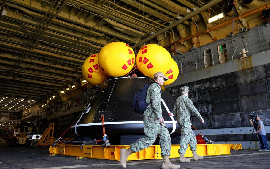 Officials from NASA and the U.S. Navy spoke with members of the news media about NASA’s first recovery test for Artemis II, on board the transport dock ship USS John P. Murtha (LPD 26) at Naval Base San Diego, Wednesday, Aug. 2, 2023.