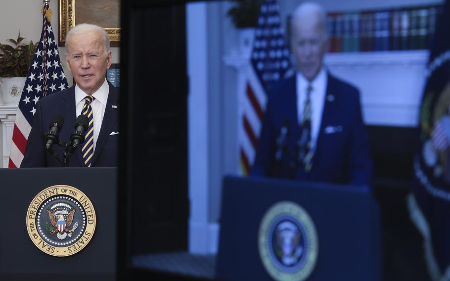 President Joe Biden speaks in the Roosevelt Room of the White House on March 8, 2022, in Washington, D.C. 