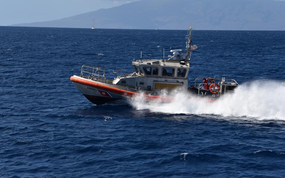 A Coast Guard Response Boat-Medium crew conducts search patterns by water during a search and rescue exercise near Kapalua, Maui, Oct. 24, 2019. The U.S. Coast Guard is searching for a man who disappeared after leaving the Florida Keys on his sailboat last Thursday on his way to the Bahamas.