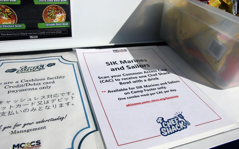 The Chef Shack food truck offers meals through the Mobile Feeding Pilot Program at Camp Foster, Okinawa, Nov. 29, 2023.