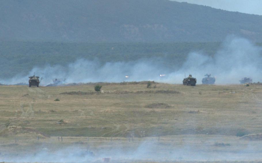 U.S. Army Strykers fire TOW anti-tank missiles during an exercise.