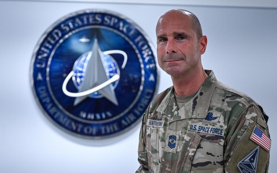 Chief Master Sgt. John F. Bentivegna stands in front of the U.S. Space Force Hallway after receiving news on his selection as the next Chief Master Sergeant of the Space Force, Pentagon, Arlington, Va., May 5, 2023.