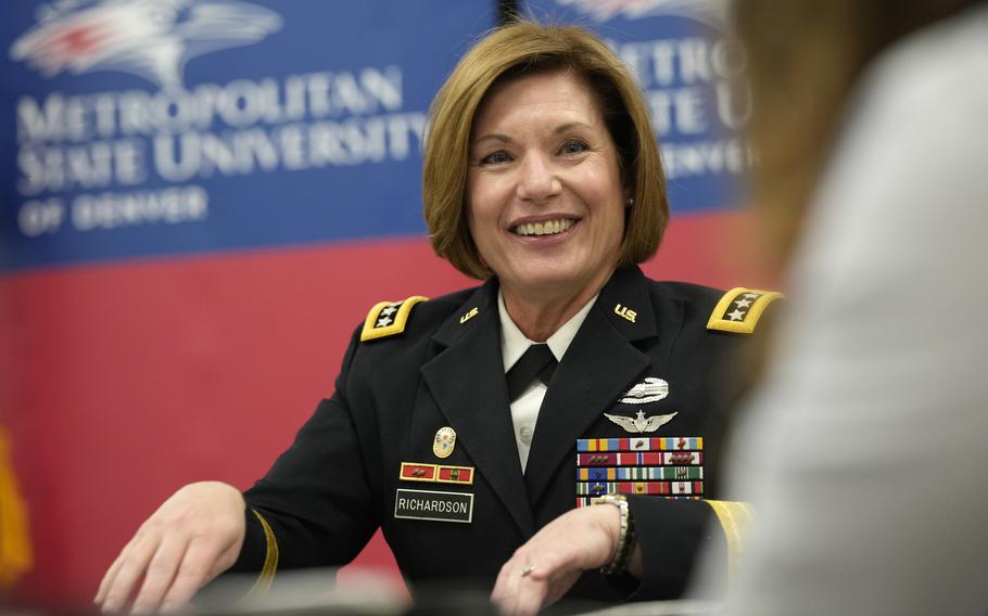 Army Gen. Laura Richardson responds to questions at Metropolitan State University of Denver on Dec. 17, 2021. Richardson, the commander of U.S. Southern Command, told House lawmakers on Tuesday, March 8, 2022, that Russian and Chinese influence was increasing in Central and South America.