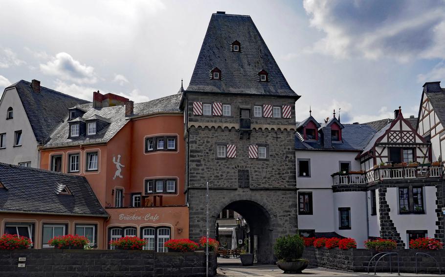 The Bridge Gate in Mayen, Germany, stands on the banks of the Nette River. In medieval times, it was the gate that people arriving from the direction of Koblenz used to enter the town.