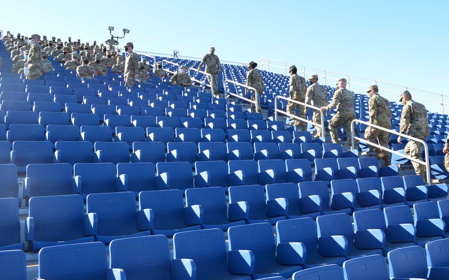 About 2,000 soldiers filled an outdoor stadium at Fort Hood, Texas, on Tuesday where Lt. Gen. Pat White, base commander, addressed a report that found Fort Hood has ineffectively implemented the Army's sexual assault response program, which has led to a lack of confidence and underreporting among junior enlisted soldiers.
ROSE L. THAYER/STARS AND STRIPES 