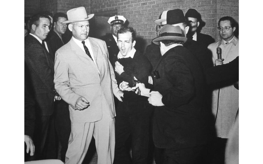 A Pulitzer-Prize-winning photo originally published on Nov. 25, 1963, in the Dallas Times Herald shows Jack Ruby shooting Lee Harvey Oswald. 