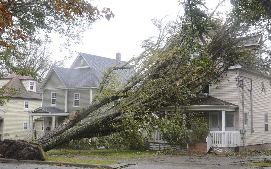 Fallen trees lean against a house in Sydney, N.S. as post tropical storm Fiona continues to batter the Maritimes on Saturday, Sept. 24, 2022.  Strong rains and winds lashed the Atlantic Canada region as Fiona closed in early Saturday as a big, powerful post-tropical cyclone, and Canadian forecasters warned it could be one of the most severe storms in the country’s history.