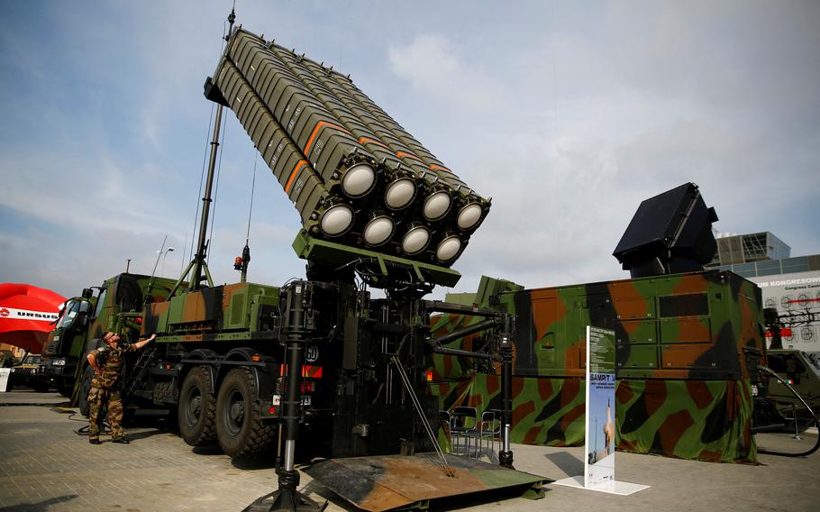 Soldiers present an anti-missile system SAMP/T at an international military fair in Kielce, southern Poland, on Sept. 2, 2014. 