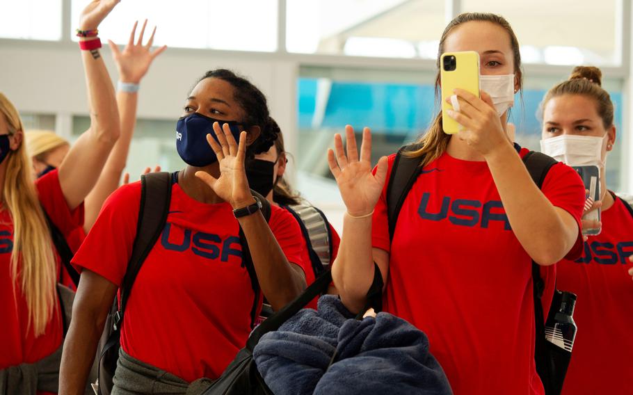 Members of the U.S. women’s Olympic softball team arrive at Marine Corps Air Station Iwakuni, Japan, Monday, July 5, 2021. 