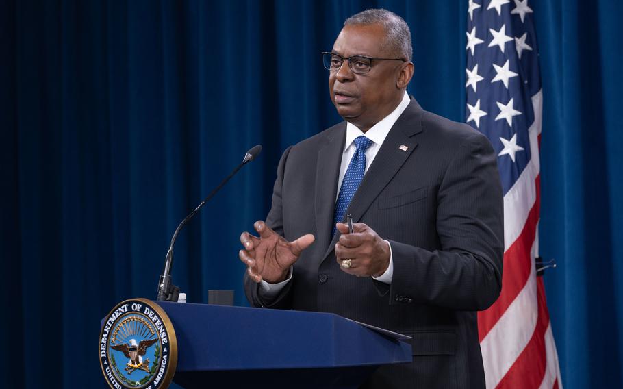 Defense Secretary Lloyd Austin during a news briefing at the Pentagon on Jan. 28, 2022. Austin will leave for a trip to Europe on Tuesday, Feb. 15, 2022, to speak with defense officials in Belgium, Poland and Lithuania as the potential of a Russian invasion of Ukraine continues to increase, chief Pentagon spokesman John Kirby said.