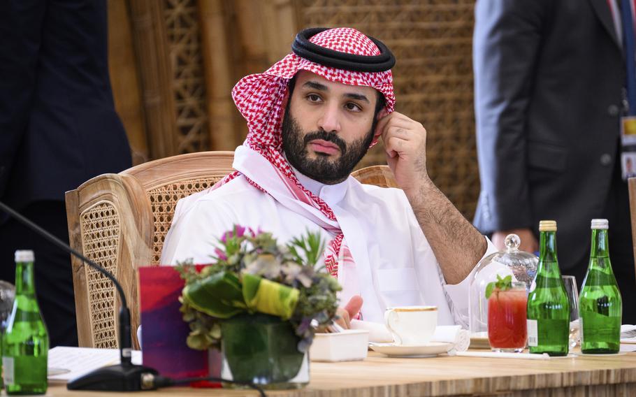Crown Prince Mohammed bin Salman of Saudi Arabia takes his seat ahead of a working lunch at the G20 Summit, Tuesday, Nov. 15, 2022, in Nusa Dua, Bali, Indonesia. 