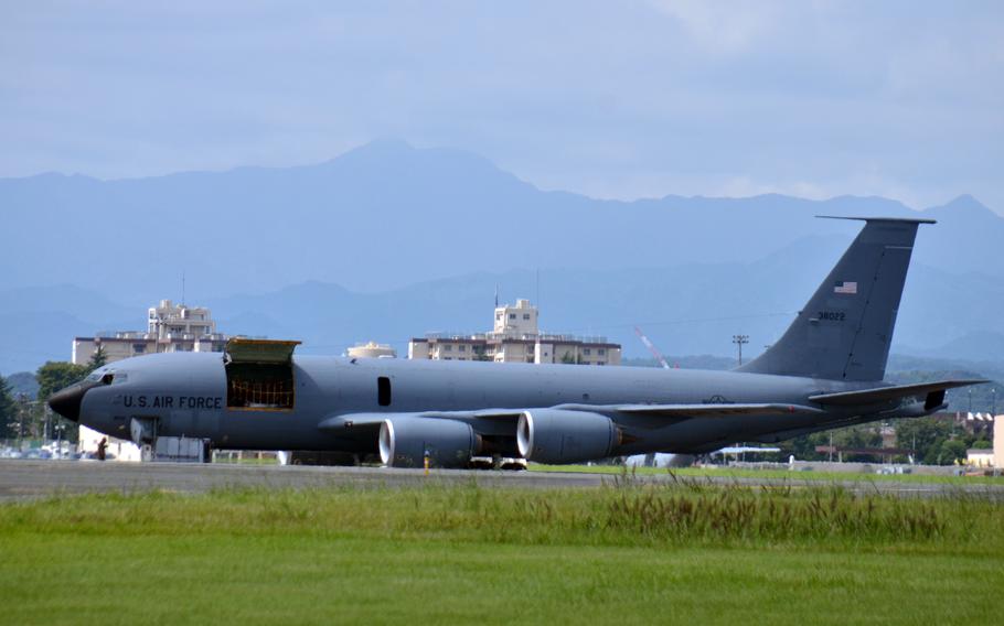 An Air Force KC-135 Stratotanker is parked at Yokota Air Base, Japan, Tuesday, Sept. 13, 2022.