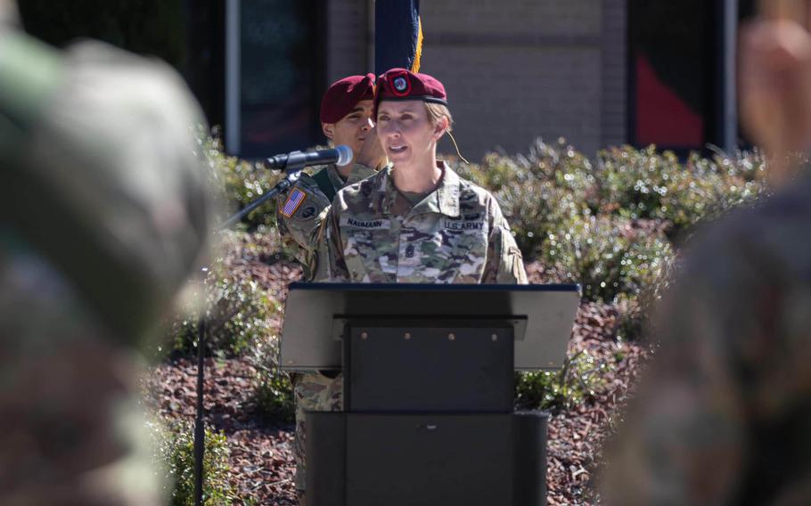 Command Sgt. Maj. JoAnn Naumann speaks at a ceremony at Fort Bragg, N.C., on May 1, 2023, at which she became the senior enlisted leader of U.S. Army Special Operations Command. She’s the first woman to hold the job.