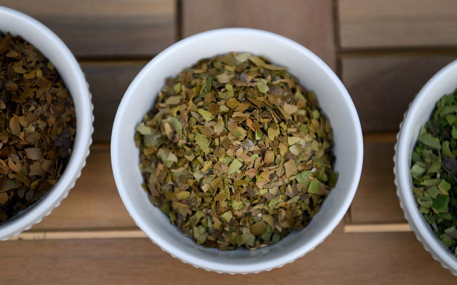 Dried and chopped yaupon leaves in a cup. 