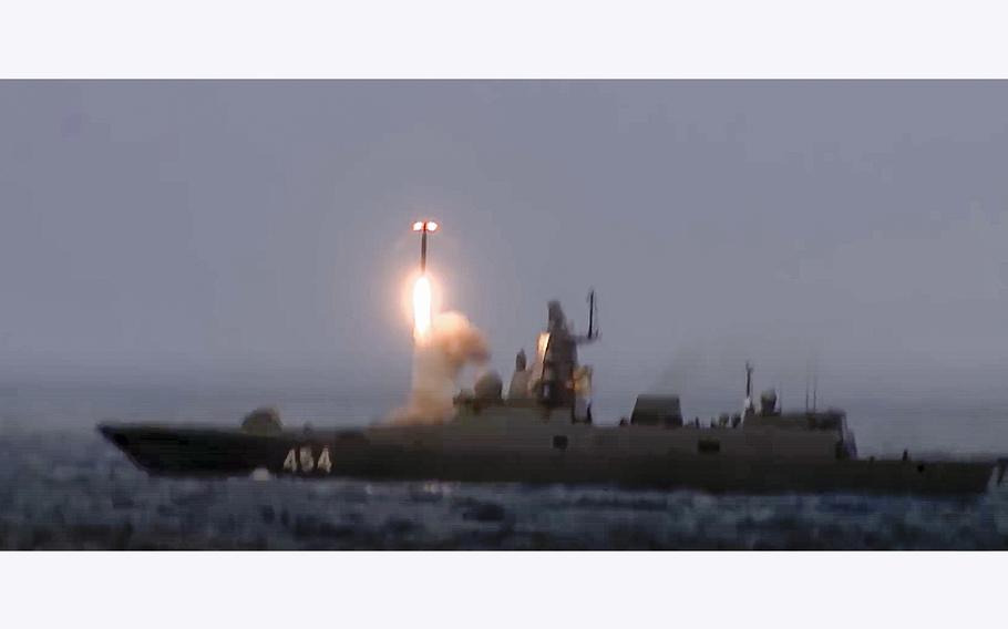 A screen grab from a video posted on Feb. 19, 2022, shows a Zircon cruise missile launching from a Russian navy frigate during military drills. Russian President Vladimir Putin has warned that he wouldn’t hesitate to use nuclear weapons to ward off Ukraine’s attempt to reclaim control of its occupied regions that Moscow has annexed