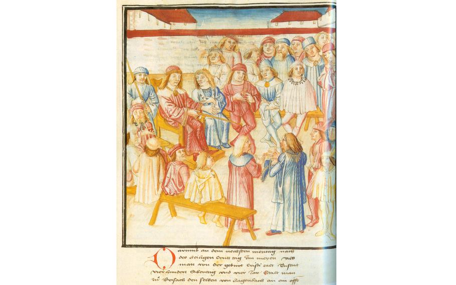 A 1483 illustration from Diebold Schilling the Elder’s “Bern Chronicle” depicting Peter von Hagenbach on trial. 