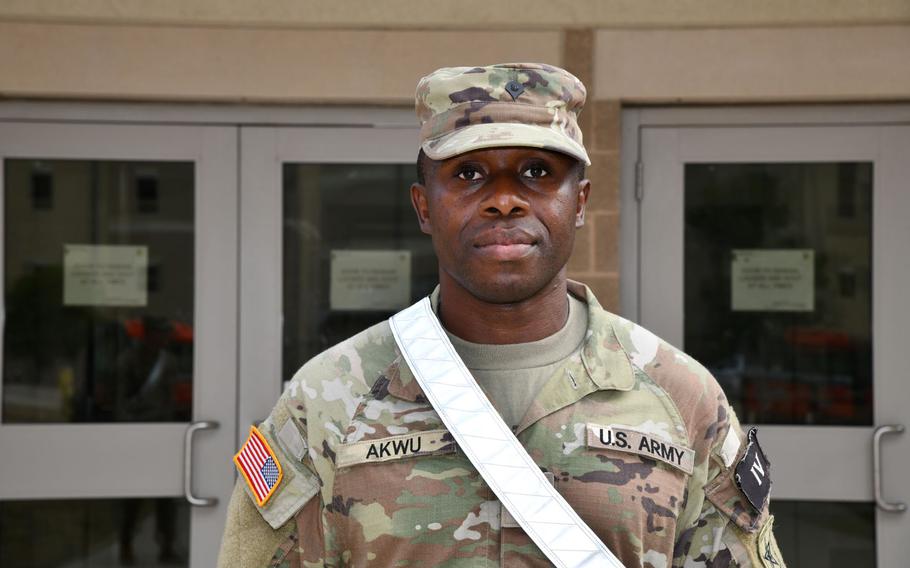 Spc. Noah Akwu, 31, enlisted in the Army earlier this year after a track and field career that took him to the 2012 Olympic games in London, where he represented his native country of Nigeria.