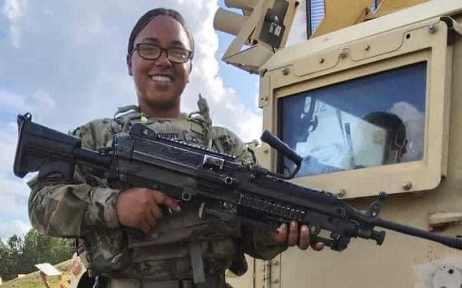 Pfc. Denisha Montgomery, shown during an exercise in an undated photo from social media, was found dead in her barracks room in Wiesbaden, Germany, on Aug. 9, 2022. Her death is under investigation. Montgomery was posthumously promoted to specialist.