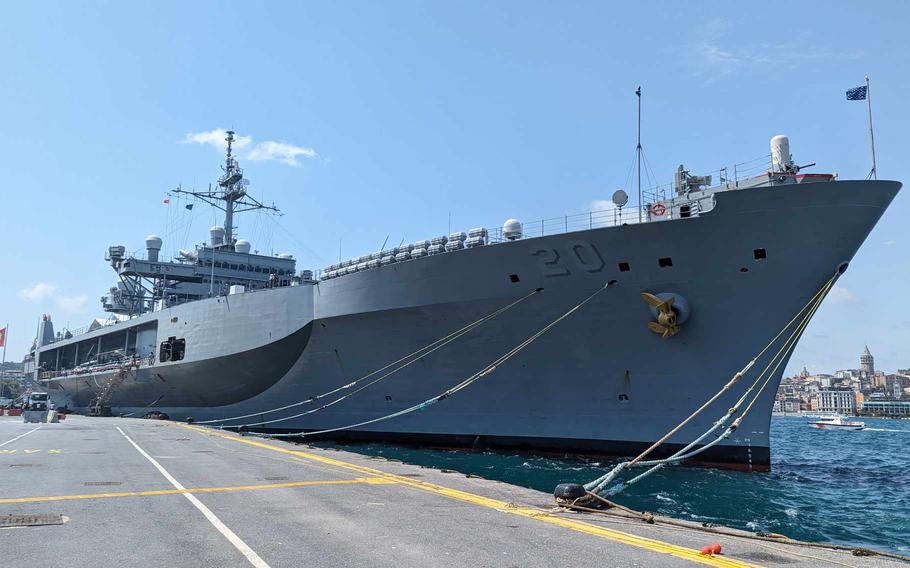 USS Mount Whitney, the U.S. 6th Fleet flagship, is anchored in Istanbul on Aug. 18, 2023, during a scheduled visit to Turkey.