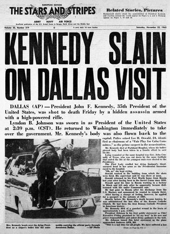 The front page of the European edition the day after president John F. Kennedy was assassinated in Dallas in 1963.