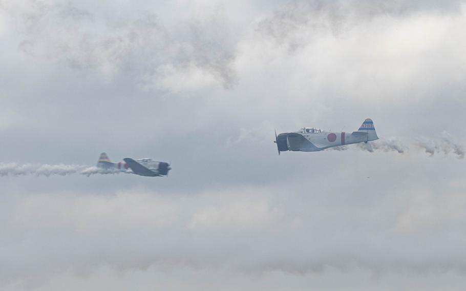 Aircraft from demonstration team Tora! Tora! Tora! perform aerial stunts during The Great Texas Airshow, Saturday, April 6, 2024, at Joint Base San Antonio-Randolph, Texas.