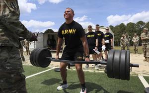 Soldiers take part in the Army Combat Fitness Test during the Best Warrior Competition on April 21, 2025, in Columbia, S.C. Beginning in June, the ACFT will be replaced by the Army Fitness Test, implementing sex-neutral standards for combat arms and phasing out the standing power throw, the service said.