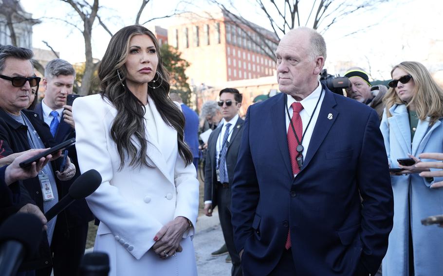 Homeland Security Secretary Kristi Noem and White House Border Czar Tom Homan speak with reporters