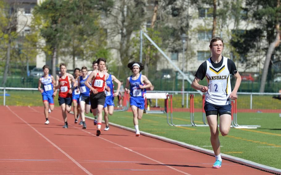 Ansbachs Brody Hocter bolts from the bunch during the 800-meter run at the Kaiserslautern Track and Field Invitational on Saturday, April 16, 2022, in Kaiserslautern, Germany. Hocter dominated the race with a finish time of 2 minutes, 11 seconds.