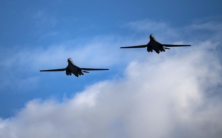 Two B-1B Lancers assigned to the 9th Expeditionary Bomb Squadron fly over RAF Fairford, United Kingdom, Oct. 6, 2021. Four B-1s and approximately 200 airmen assigned to U.S. Global Strike Command and U.S. Air Forces Europe  Air Forces Africa have traveled to RAF Fairford in support of a Bomber Task Force Europe deployment. 