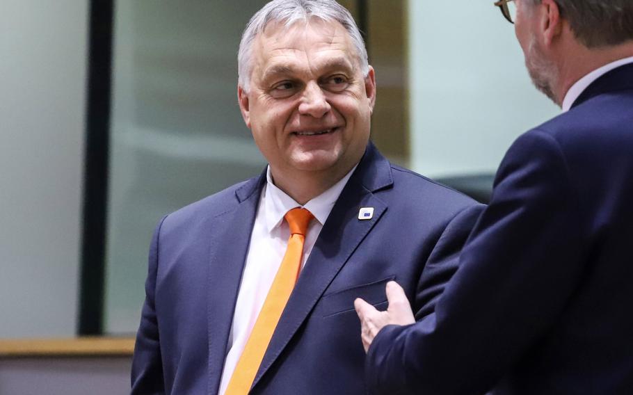 Viktor Orban, Hungary’s prime minister, at a European Union leaders summit to discuss support for Ukraine at the EU Council headquarters in Brussels on March 24, 2022. 