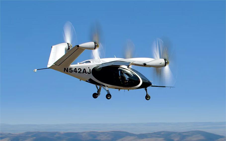 A Joby vertical takeoff and landing aircraft flies in Northern California in 2021. The aircraft soon will be delivered to Edwards Air Force Base in California.