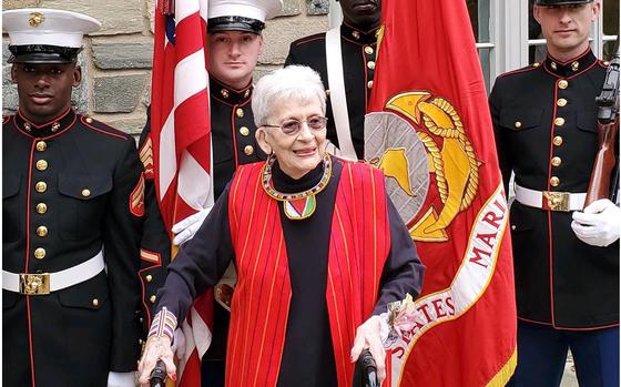 A Marine color guard visited Betty Printz Sims, who was a fixed gunnery trainer in World War II, at her Knollwood Community in Washington, D.C., for her 100th birthday three years ago.