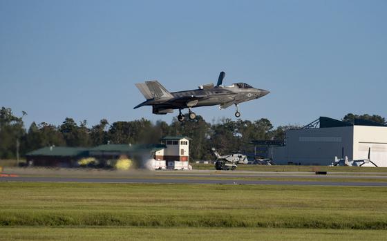 Lt. Col. Paul Holst, commanding officer of Marine Fighter Attack Training Squadron 501, Marine Corps Air Station Beaufort, S.C., conducts a landing of an F-35B Lightning II aircraft at MCAS New River, N.C., in September 2019. 